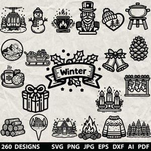 May include: Black and white winter-themed illustrations. Includes a cable car, snowman, pot of stew, a soldier, a heart-shaped hat, a pot, a mountain scene, a sleigh with gifts, a mug of cocoa, a gift box, bells, a pine cone, a fireplace, candles, logs, a cabin, a bonfire, and a sweater.