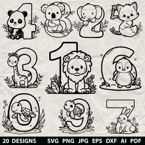 Puede incluir: Diseños de números con temática de animales en blanco y negro, que incluyen un panda, un koala, un elefante, un zorro, una jirafa, un león, un pingüino, una tortuga y un conejo. Se muestran los números del 1 al 9, con cada animal incorporado en el diseño del número. La parte inferior de la imagen dice "20 DESIGNS SVG PNG JPG EPS DXF AI PDF".