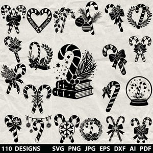 Puede incluir: Una colección de 110 diseños navideños en blanco y negro. Los diseños incluyen bastones de caramelo, copos de nieve, lazos, coronas y adornos. La imagen también incluye el texto "110 DISEÑOS" y opciones de tipo de archivo.