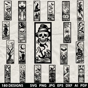 May include: A collection of black and white Halloween-themed designs. The designs include images of skulls, bats, witches, pumpkins, and other spooky elements. The text "180 DESIGNS" is at the bottom, along with file type information.