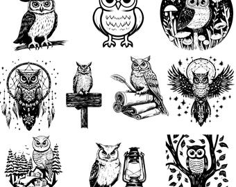 118 Sowa Laser Svg, Dxf, Eps, Ai, Pdf, Jpg, Png Woodland Animal Grayscale Burn Obraz Wytnij Wektor Scena leśna Cnc Drewno Cięte Cricut Sylwetka