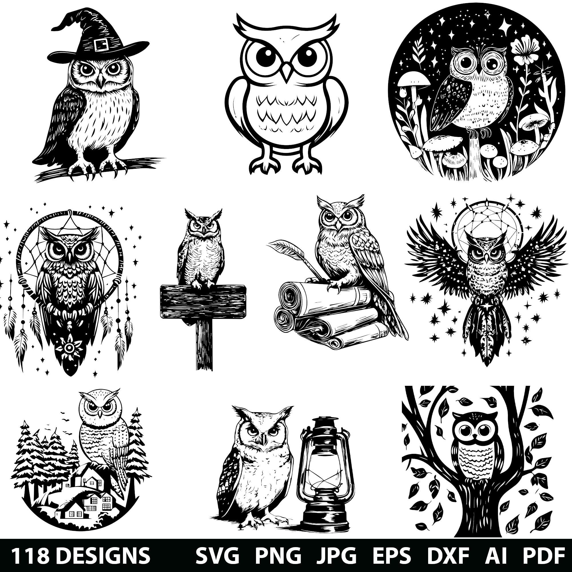 118 Owl Laser Svg, Dxf, Eps, Ai, Pdf, Jpg, Png Woodland Animal Grayscale Burn Image Cut Vector Fores