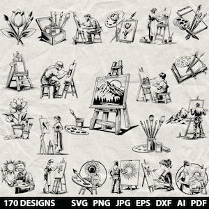 May include: Black and white illustrations of art-related elements. The image includes easels, artists painting, paint palettes, brushes, flowers, and the text "170 DESIGNS SVG PNG JPG EPS DXF AI PDF".