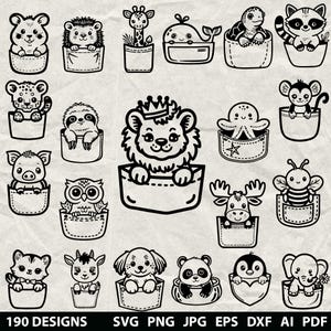 Peut inclure: Illustrations en noir et blanc de divers animaux, dont un ours, un hérisson, une girafe, une baleine, une tortue, un raton laveur, un léopard, un paresseux, un lion, une pieuvre, un singe, un cochon, un hibou, un élan, une abeille, un chat, une chèvre, un chien, un panda, un pingouin et un éléphant, chacun dans une poche. Le texte "190 DESIGNS" et les abréviations de type de fichier sont inclus.