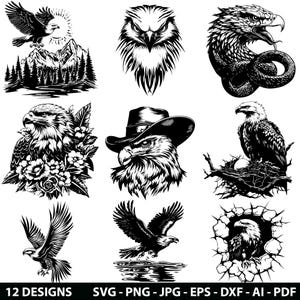 May include: A set of 12 black and white digital design files featuring various eagle illustrations. The designs include eagles with flowers, eagles in a nest, eagles with snakes, eagles in a cowboy hat, and eagles in flight. The designs are perfect for crafting, scrapbooking, and other creative projects.