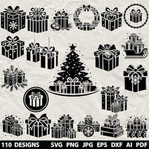 May include: A collection of black and white Christmas-themed gift box designs. The image includes various gift box styles, a Christmas tree, a wreath, and a sleigh, all in a minimalist, graphic style. The text "110 DESIGNS" is at the bottom.
