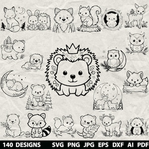 May include: Black and white illustrations of various woodland animals, including foxes, rabbits, squirrels, owls, and bears. The image includes the text "140 DESIGNS" and file type abbreviations.