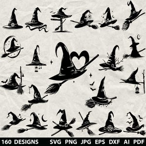 160+ Witch Hat Bundle Svg, Dxf, Eps, Ai, Pdf, Jpg, Png Halloween Grayscale Burn Image Cut Vector Cnc Wood Cut Cricut Witchcraft Silhouette