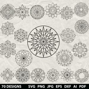 May include: A collection of 19 black geometric designs, including mandalas, snowflakes, and other symmetrical patterns. The designs are displayed on a textured, off-white background. The bottom of the image includes the text "70 DESIGNS" and file type abbreviations.