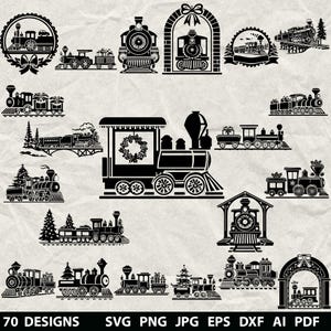 May include: Black and white train illustrations in various designs. The image includes multiple train silhouettes, some with wreaths, gifts, and Christmas trees. Text at the bottom reads "70 DESIGNS SVG PNG JPG EPS DXF AI PDF".