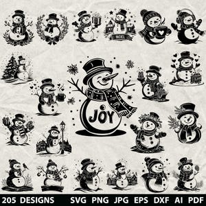 Puede incluir: Una colección de 205 diseños de muñecos de nieve en blanco y negro en varias poses y estilos. Los muñecos de nieve se representan con sombreros, bufandas, sosteniendo regalos y disfrutando de actividades invernales. La palabra "JOY" aparece en un muñeco de nieve. Incluye formatos SVG, PNG, JPG, EPS, DXF, AI y PDF.