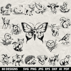 May include: Black and white illustrations of various animals, including a horse, swan, lamb, dove, cow, chick, deer, mouse, duck, fox, butterfly, goat, squirrel, bird, beaver, pig, hedgehog, dog, donkey, and otter. The text "80 DESIGNS" is at the bottom.