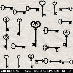 May include: A collection of black vintage-style keys in various designs, including heart and crown shapes. The keys are arranged on a textured, off-white background. The image includes the text "230 DESIGNS" and file type options.