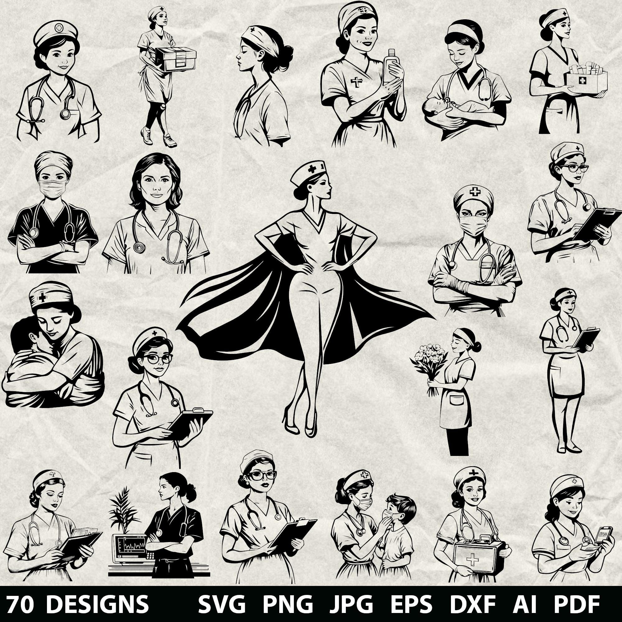 Plus de 70 ans Bundle Svg, Dxf, Eps, Ai, Pdf, Jpg, Png Niveaux de gris Gravure Image vectorielle Cnc découpé sur bois Silhouette d'infirmière Cricut