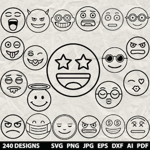 240 Emoji Face Bundle Svg, Dxf, Eps, Ai, Pdf, Jpg, Png Gråskala Bränn Bild Vektor CNC Träsnitt Cricut Söt Rolig Känslomässigt Ansikten Siluett
