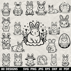 May include: A selection of 20 black and white bunny illustrations in different poses, some adorned with floral crowns. The image includes text at the bottom that reads "80 DESIGNS SVG PNG JPG EPS DXF AI PDF".