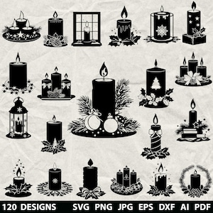 May include: A selection of black and white candle designs, featuring candles with festive decorations like holly and bows. Some candles are within lanterns or on decorative bases. The image includes the text "120 DESIGNS" and file type options.
