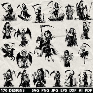 May include: A selection of 170 black and white Grim Reaper illustrations in diverse poses, such as riding a horse, playing the violin, and holding flowers. Available in SVG, PNG, JPG, EPS, DXF, AI, and PDF formats.