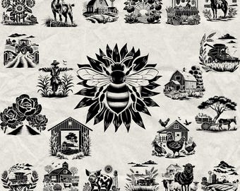 150 Farm Bundle Svg, Dxf, Eps, Ai, Pdf, Jpg, Png Animal Grayscale Burn Image Cut Vector Cnc Wood Cut Cricut Agriculture Landscape Silhouette