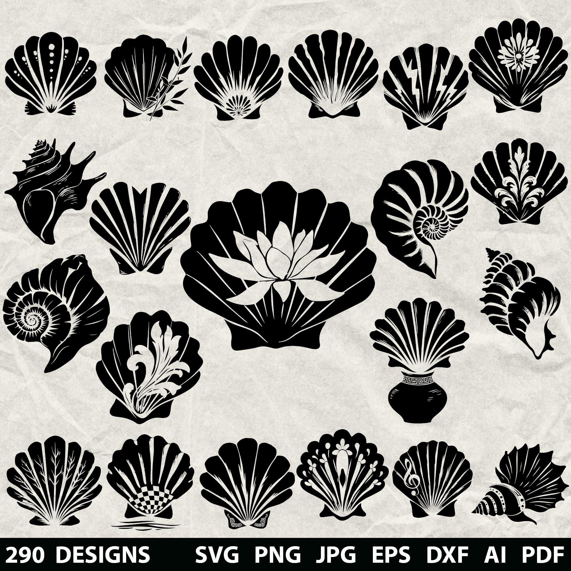 no.0468 ブラックカットとSea shell 290+ Seashells Bundle Svg, Dxf, Eps, Ai, Pdf, Jpg, Png Sea World