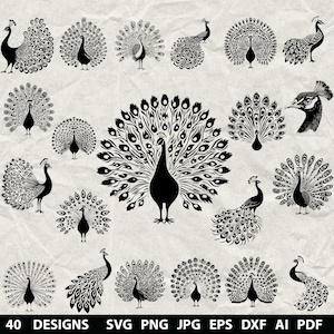 46 Peacock Bundle Svg, Dxf, Eps, Ai, Pdf, Jpg, Png Bird Grayscale Burn Image Cut Vector Cnc Wood Cut File Cricut Peacock Silhouette