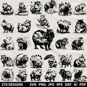 May include: A collection of 270 black and white illustrations of capybaras in various poses and settings. Some capybaras are in boats, with flowers, or holding objects. The image includes the text "270 DESIGNS" and file type abbreviations.