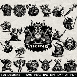 Op de afbeelding: Een verzameling zwart-wit illustraties met een Viking-thema. De afbeeldingen tonen krijgers met bijlen, schilden en helmen. Het woord "VIKING" wordt weergegeven in een schildvormig embleem. De onderkant van de afbeelding toont "320 DESIGNS" en bestandstype-opties.