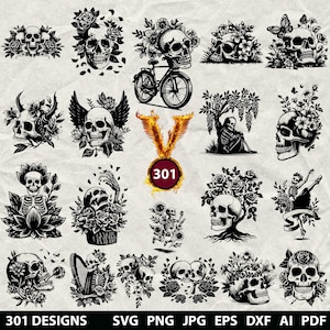 301 Floral Skull Bundle Laser Svg, Dxf, Eps, Ai, Pdf, Jpg, Png Day Of The Dead Grayscale Burn Image Cut Vector Wood Cricut Skull Silhouette