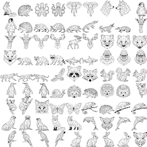 May include: A collection of geometric animal illustrations in black and white. The image features various animals, including a fox, hedgehog, octopus, elephant, wolf, penguin, giraffe, moose, bear, raccoon, shark, gorilla, squirrel, and more.