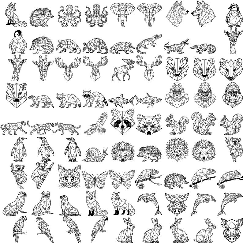 May include: A collection of geometric animal illustrations in black and white. The image features various animals, including a fox, hedgehog, octopus, elephant, wolf, penguin, giraffe, moose, bear, raccoon, shark, gorilla, squirrel, and more.