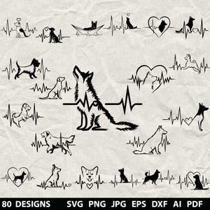 Pode incluir: Designs de cães em preto e branco sobre um fundo texturizado. Os designs incluem várias silhuetas de cães incorporadas em gráficos de monitor de frequência cardíaca. A parte inferior da imagem exibe o texto "80 DESIGNS SVG PNG JPG EPS DXF AI PDF".