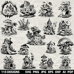 Könnte beinhalten: Schwarz-Weiß-Illustrationen von skurrilen Feenhäusern in verschiedenen Designs. Das Bild zeigt Häuser in Form von Pilzen, Teetassen und mehr. Der Text unten lautet "115 DESIGNS" und Dateitypoptionen.