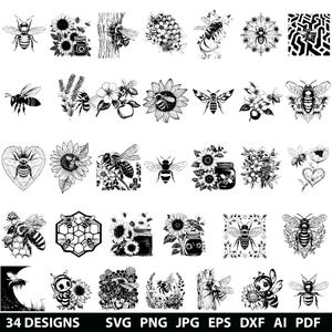 34 Bee Bundle Laser Bumble Bee Svg, Dxf, Eps, Ai, Pdf, Jpg, Png Grayscale Burn Honey Bee Image Queen Bee Cut Vector Cnc Wood Cut Cricut File