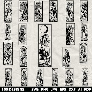 100 segnalibri di cavalli Svg, Dxf, Eps, Ai, Pdf, Jpg, Png Immagine in scala di grigi bruciata Vettoriale Taglio legno CNC Cricut Warrior Cavallo Silhouette animale