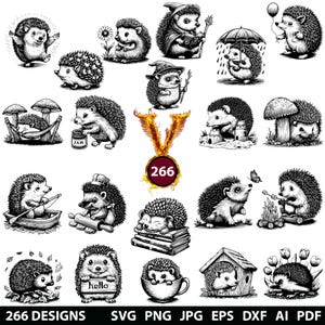 266 Hedgehog Bundle Svg, Dxf, Eps, Ai, Pdf, Jpg, Png Grayscale Burn Image Cut Vector Cnc Wood Cut Cricut Hedgehog Silhouette