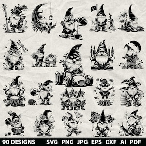 May include: A selection of 20 black and white gnome designs in different poses. Some gnomes are holding items such as a flag, candles, and a watering can. The image includes the text "90 DESIGNS" and file type abbreviations.