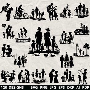 May include: A selection of 120 black silhouette designs depicting families, couples, and individuals in different scenarios. The designs show people playing music, cycling, and enjoying outdoor pursuits. The bottom of the image lists file type options.