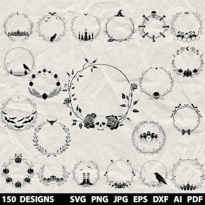 May include: A collection of 150 black and white Halloween-themed wreath designs. Each wreath features unique illustrations, including bats, skulls, pumpkins, and witch hats. The image also includes file type information: SVG, PNG, JPG, EPS, DXF, AI, and PDF.