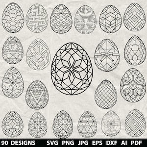 May include: A collection of 18 black and white geometric Easter egg designs. Each egg features a unique pattern, including mazes, stars, and diamond shapes. The bottom of the image displays the text "90 DESIGNS" and file type options.