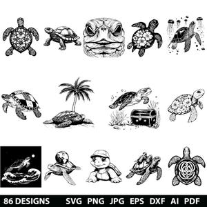 May include: A set of 10 black and white vector illustrations of sea turtles in various poses. The turtles are drawn in a detailed and realistic style. Some turtles are swimming, others are resting on the beach, and one is holding a treasure chest. The illustrations are perfect for use in a variety of projects, such as t-shirt designs, website graphics, and social media posts.
