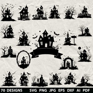 Peut inclure: Une collection de 16 motifs noirs de silhouettes de maisons hantées, d'arbres, de chauves-souris et d'étoiles. L'expression "70 DESIGNS" est en bas, avec les abréviations des types de fichiers. Parfait pour les créations et décorations sur le thème d'Halloween.