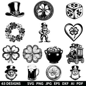 Puede incluir: Un conjunto de 12 ilustraciones vectoriales en blanco y negro con diseños temáticos del Día de San Patricio. Los diseños incluyen un duende, tréboles, una olla de oro, una jarra de cerveza, un corazón, una corona, un dado y un sombrero.