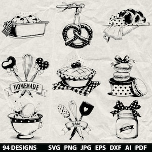90+ Vintage Baking Bundle Svg, Dxf, Eps, Ai, Pdf, Jpg, Png Food Grayscale Burn Image Cut Vector Cnc Wood Cut File Cricut Kitchen Silhouette