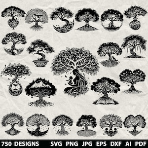May include: A collection of 20 black tree designs in various styles, including bonsai, trees with roots, and trees with birds. The designs are displayed on a light beige background. The bottom of the image includes the text "750 DESIGNS" and file type options.