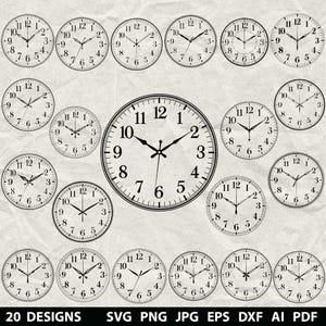 Könnte beinhalten: Eine Sammlung von 20 Uhrendesigns in Schwarzweiß, mit verschiedenen Größen und Stilen. Die Uhren haben römische Ziffern und Zeiger, die verschiedene Zeiten anzeigen. Der Text "20 DESIGNS" und Dateitypoptionen sind enthalten.