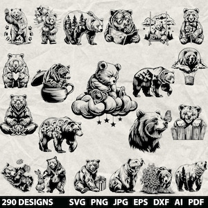 Puede incluir: Una colección de 290 diseños de osos en blanco y negro, en varias poses y estilos. Las ilustraciones incluyen osos con gafas, leyendo libros y sosteniendo objetos. Las opciones de formato de archivo se muestran en la parte inferior de la imagen.