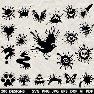 200 Paint Splatter Svg, Dxf, Eps, Ai, Pdf, Jpg, Png Grayscale Burn Image Cut Vector Cnc Wood Cut Cricut Black Ink Splashes  Silhouette