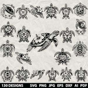 May include: A collection of 130 black and white turtle designs, each with unique floral accents. The designs include turtles with hibiscus, roses, and other flower patterns. The image also includes the text "130 DESIGNS SVG PNG JPG EPS DXF AI PDF".