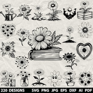 220 Daisy Flowers Bundle Svg, Dxf, Eps, Ai, Pdf, Jpg, Png Daisy Grayscale Burn Image Cut Vector Cnc Wood Cut Cricut Summer Flower Silhouette