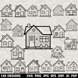 Può includere: Una collezione di 130 disegni di case in arte lineare in bianco e nero. I disegni presentano vari stili di case, ognuno con dettagli architettonici unici. L'immagine include anche il testo "130 DESIGNS" e informazioni sul tipo di file.
